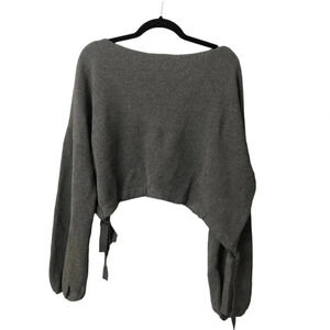 LeRumi Gray Ribbed Cropped Side Tie Balloon Sleeves Sweater NWT